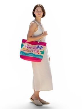 •NWT Cindy Claire Beach Bag Tote "Hello Weekend” Rope Handle Zipper Closure